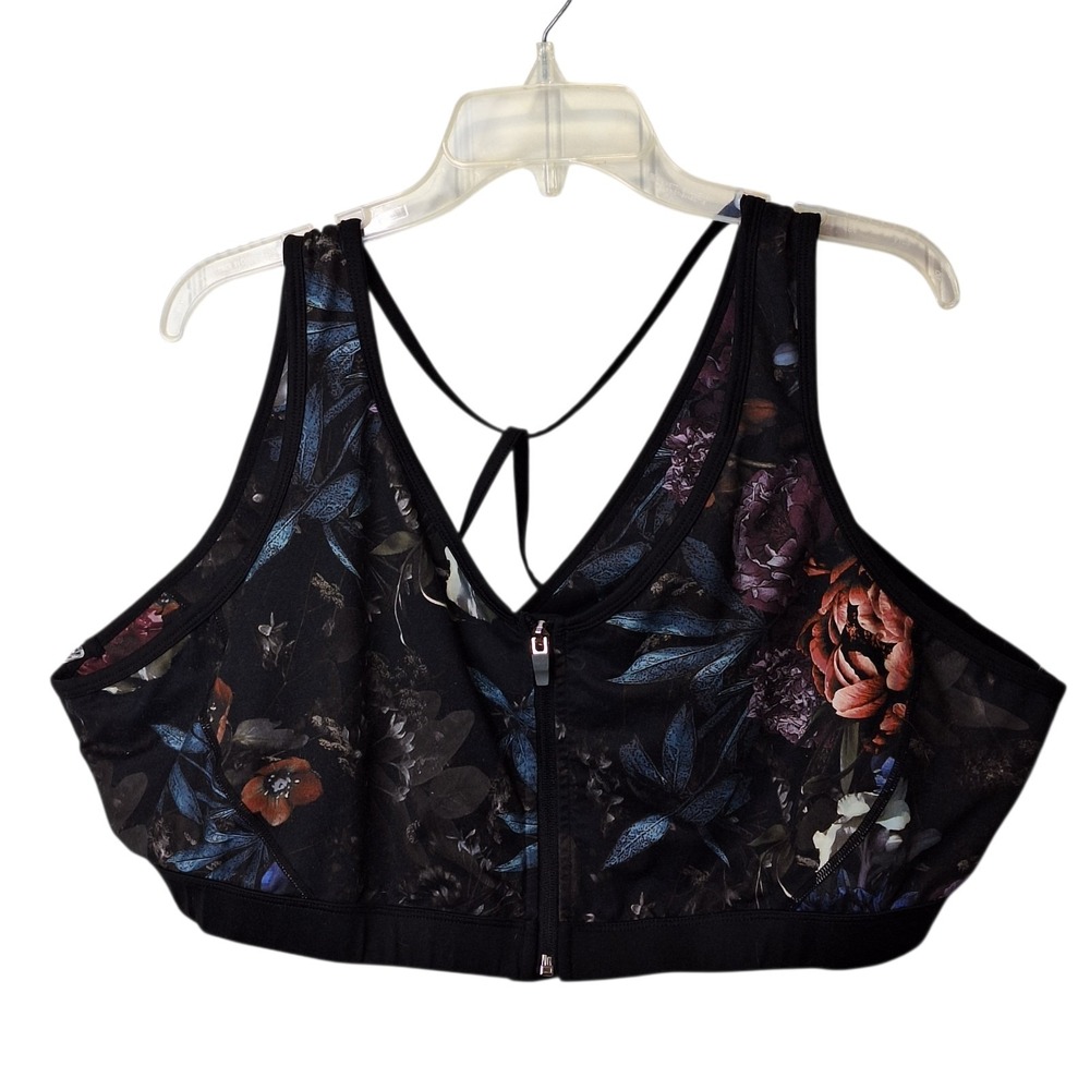 Rainbeau Curves  Women's Size  26-28 Racerback Sports Bra Zip-Front Black Floral
